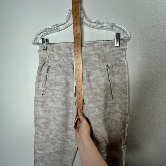 Athleta Cream & Tan Camo Cabo Print Tied Linen Jogger Pant Zip Front Pockets 4 - Picture 15 of 15